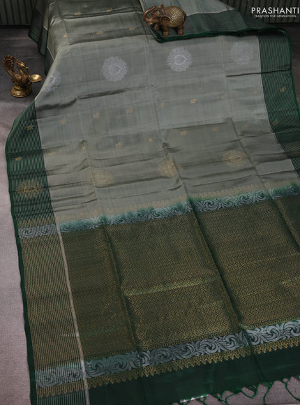 Kanchipuram soft silk saree grey and green with zari woven buttas and zari woven border