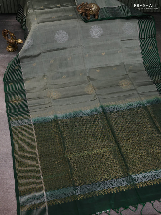 Kanchipuram soft silk saree grey and green with zari woven buttas and zari woven border