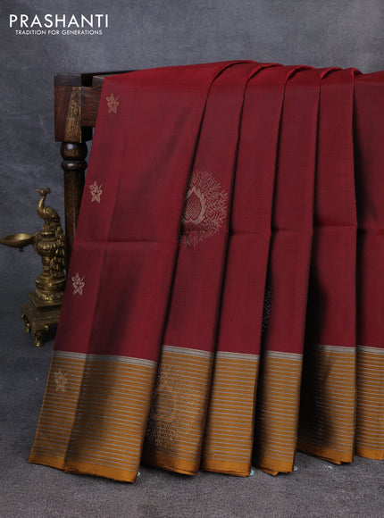 Kanchipuram soft silk saree maroon and mustard yellow with zari woven buttas and zari woven border