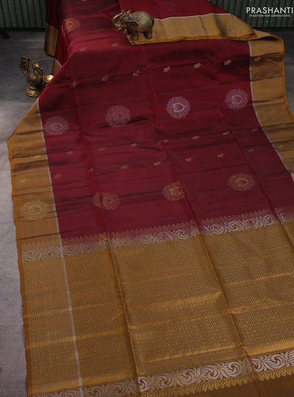 Kanchipuram soft silk saree maroon and mustard yellow with zari woven buttas and zari woven border