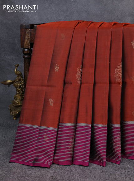 Kanchipuram soft silk saree rust shade and purple with zari woven buttas and zari woven border