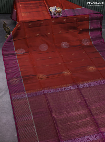 Kanchipuram soft silk saree rust shade and purple with zari woven buttas and zari woven border