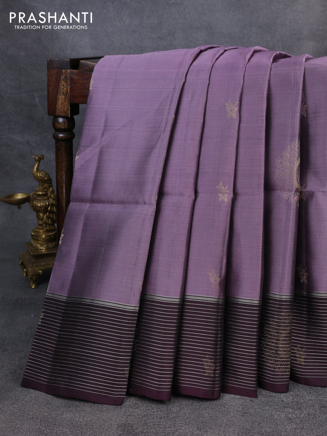Kanchipuram soft silk saree lavender and deep wine with zari woven buttas and zari woven border