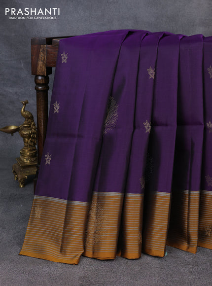 Kanchipuram soft silk saree violet and mustard yellow with zari woven buttas and zari woven border