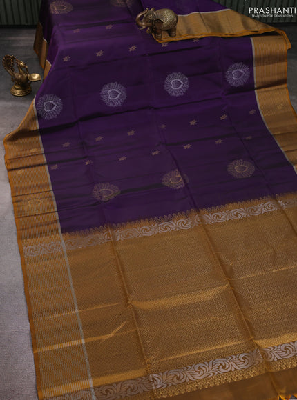 Kanchipuram soft silk saree violet and mustard yellow with zari woven buttas and zari woven border