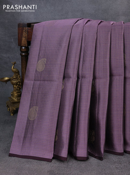 Kanchipuram soft silk saree pastel lavender and deep wine with allover zari checked pattern and piping border