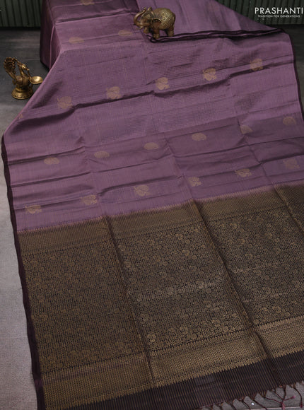 Kanchipuram soft silk saree pastel lavender and deep wine with allover zari checked pattern and piping border