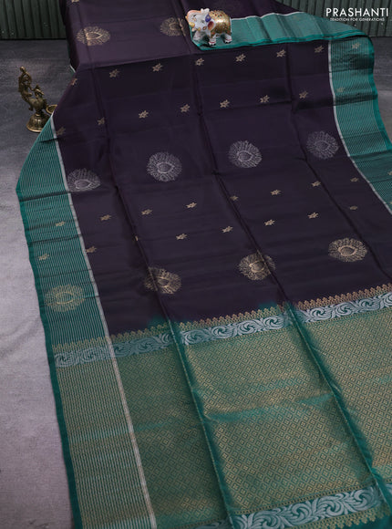 Kanchipuram soft silk saree deep jamun and teal green with zari woven buttas and zari woven border