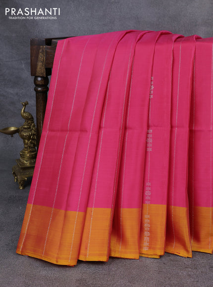 Kanchipuram soft silk saree pink and mustard yellow with allover silver zari weaves and silver zari woven border