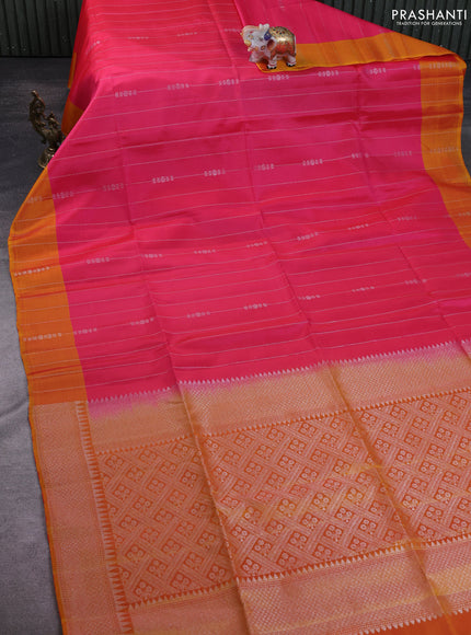 Kanchipuram soft silk saree pink and mustard yellow with allover silver zari weaves and silver zari woven border