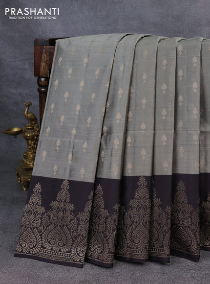 Kanchipuram soft silk saree grey and deep jamun with allover zari woven buttas and rich zari woven border