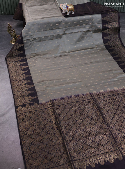 Kanchipuram soft silk saree grey and deep jamun with allover zari woven buttas and rich zari woven border