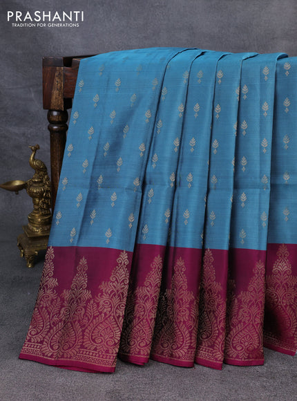 Kanchipuram soft silk saree pastel blue and magenta pink with allover zari woven buttas and rich zari woven border