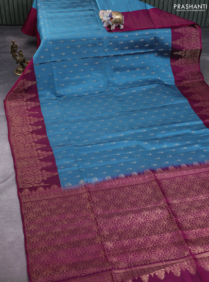 Kanchipuram soft silk saree pastel blue and magenta pink with allover zari woven buttas and rich zari woven border