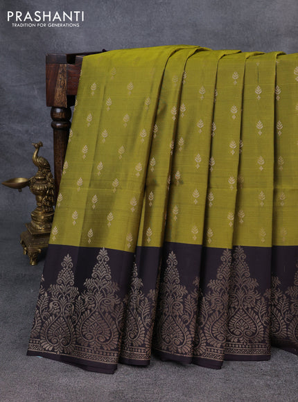 Kanchipuram soft silk saree mehendi green and deep jamun with allover zari woven buttas and rich zari woven border