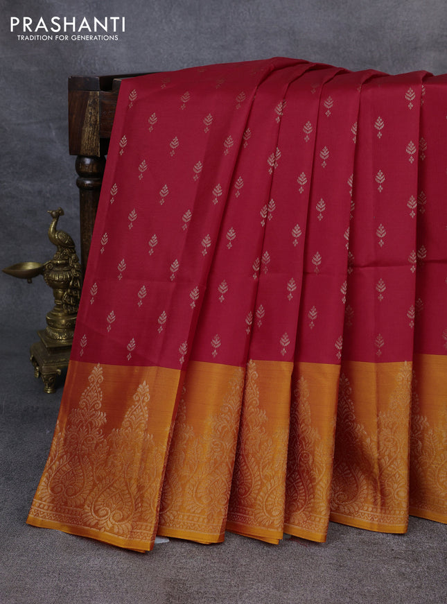 Kanchipuram soft silk saree red and mango yellow with allover zari woven buttas and rich zari woven border