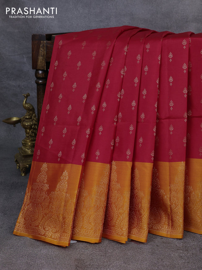 Kanchipuram soft silk saree red and mango yellow with allover zari woven buttas and rich zari woven border