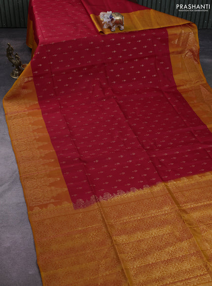 Kanchipuram soft silk saree red and mango yellow with allover zari woven buttas and rich zari woven border