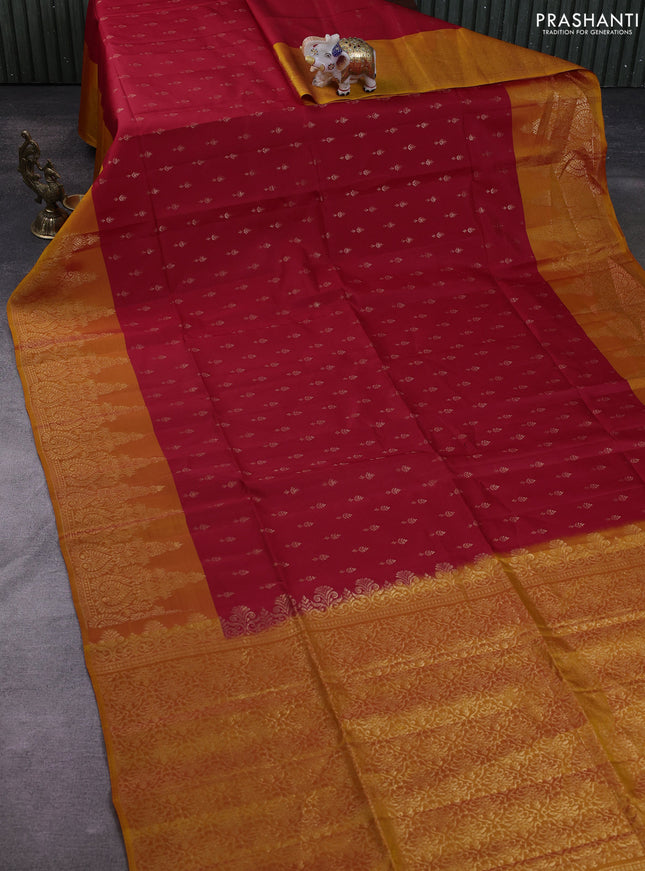 Kanchipuram soft silk saree red and mango yellow with allover zari woven buttas and rich zari woven border