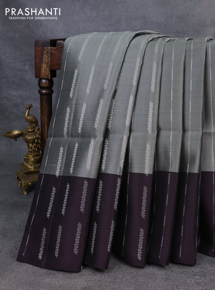 Kanchipuram soft silk saree grey and deep jamun with allover silver zari weaves and silver zari woven border
