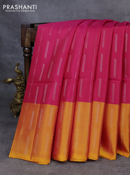 Kanchipuram soft silk saree pink and mango yellow with allover silver zari weaves and silver zari woven border