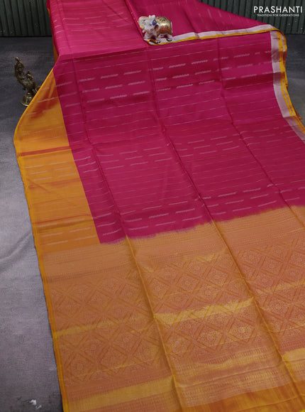 Kanchipuram soft silk saree pink and mango yellow with allover silver zari weaves and silver zari woven border