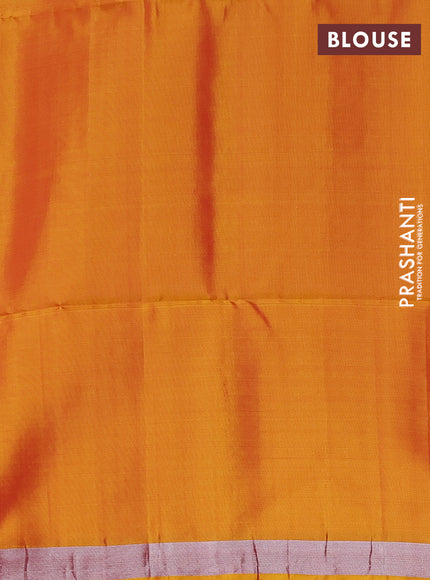 Kanchipuram soft silk saree pink and mango yellow with allover silver zari weaves and silver zari woven border