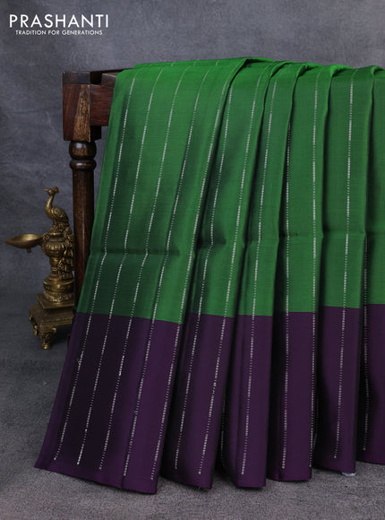 Kanchipuram soft silk saree green and deep violet with allover silver zari weaves and silver zari woven border