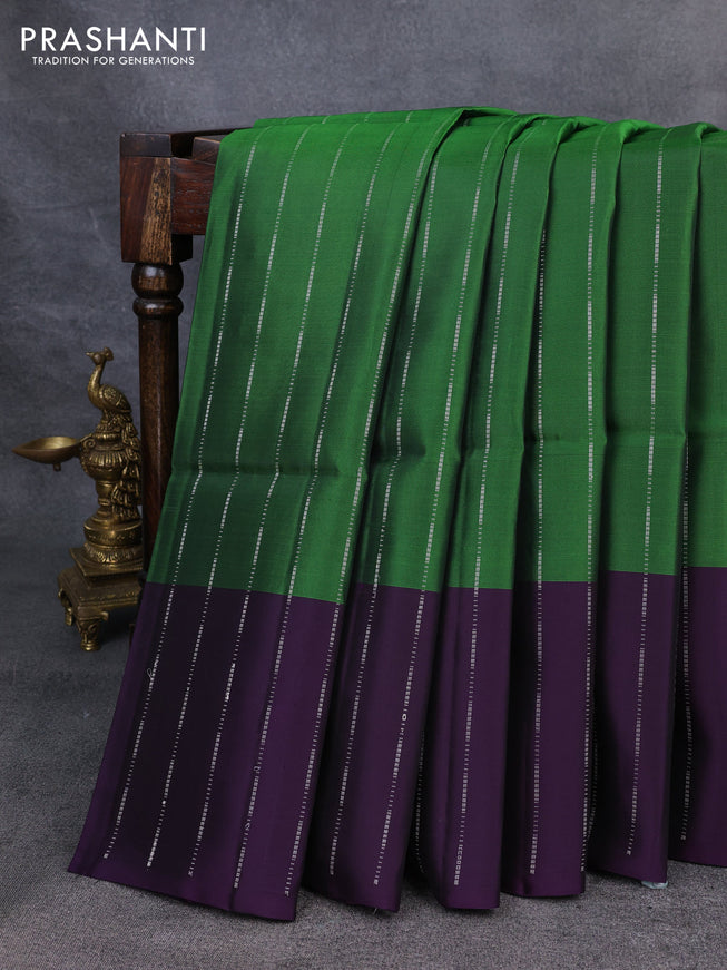 Kanchipuram soft silk saree green and deep violet with allover silver zari weaves and silver zari woven border