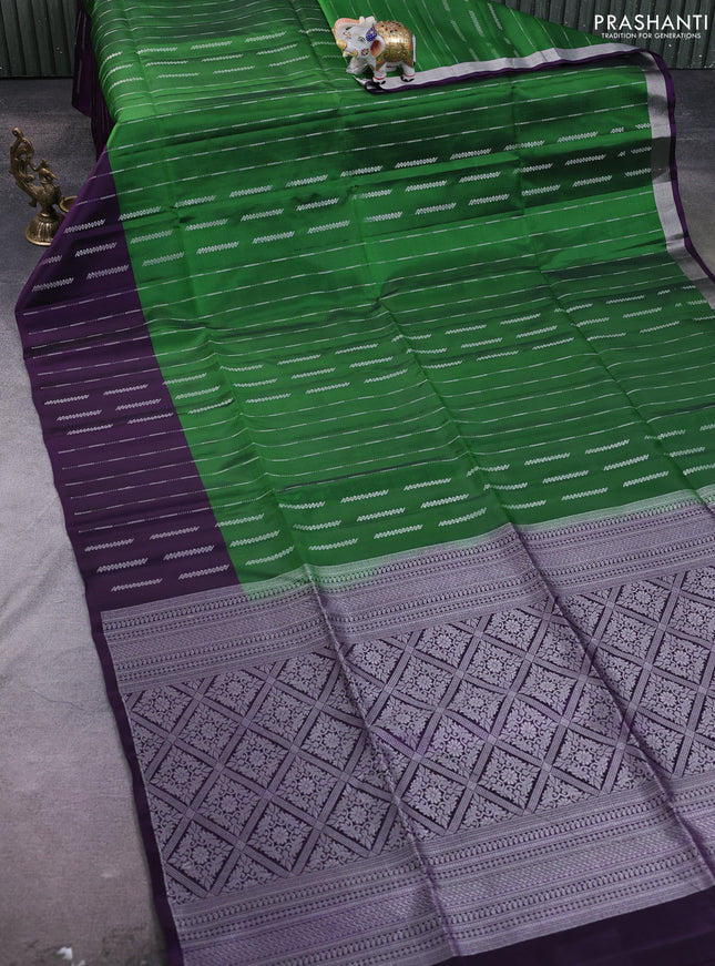 Kanchipuram soft silk saree green and deep violet with allover silver zari weaves and silver zari woven border