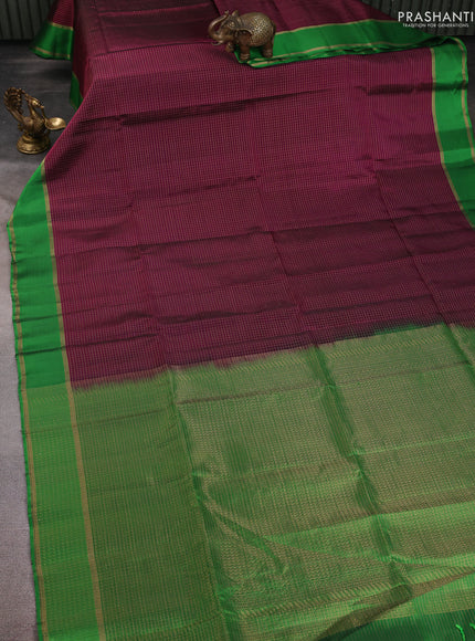 Kanchipuram soft silk saree magenta pink and light green with allover zari checked pattern and rettapet zari woven border