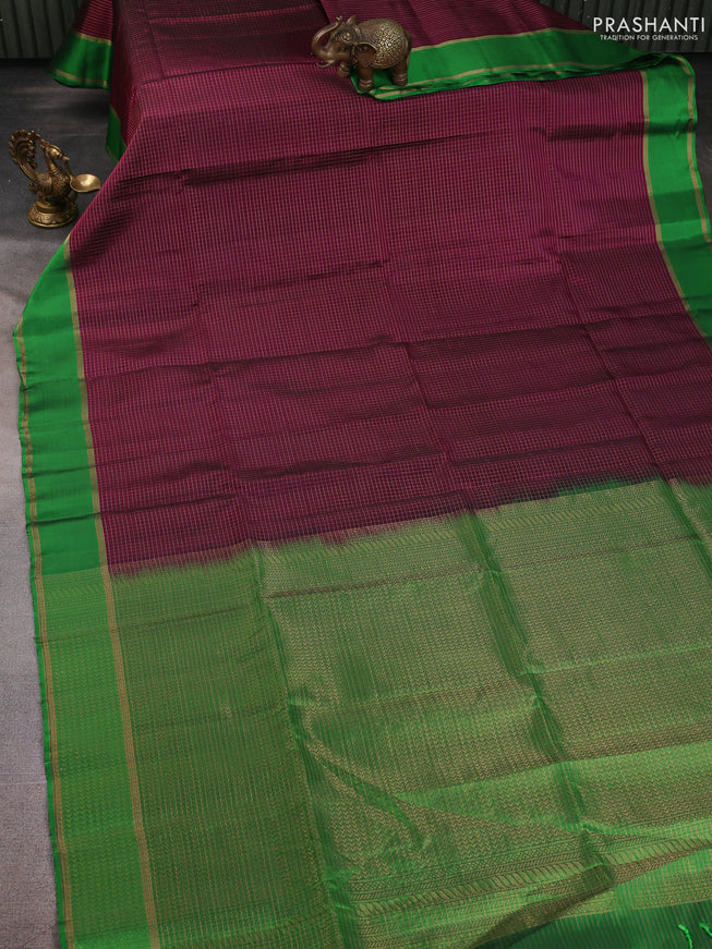 Kanchipuram soft silk saree magenta pink and light green with allover zari checked pattern and rettapet zari woven border