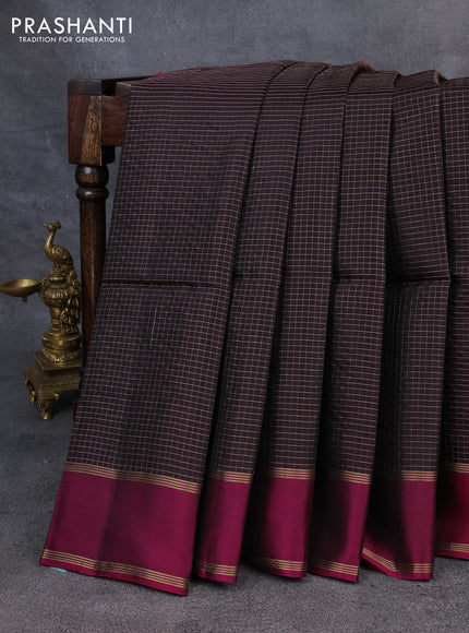 Kanchipuram soft silk saree coffee brown and magenta pink with allover zari checked pattern and rettapet zari woven border