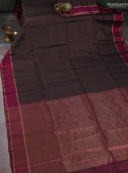 Kanchipuram soft silk saree coffee brown and magenta pink with allover zari checked pattern and rettapet zari woven border
