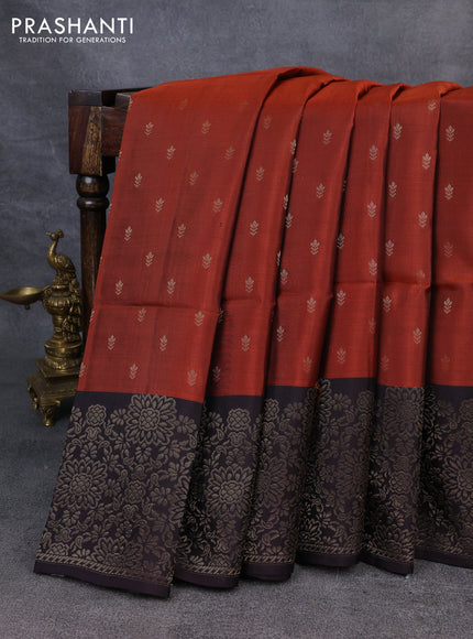 Kanchipuram soft silk saree rustic orange and deep wine with zari woven buttas and zari woven border
