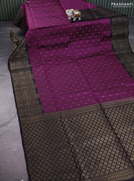 Kanchipuram soft silk saree magenta pink and coffee brown with zari woven buttas and zari woven border