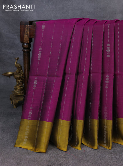 Kanchipuram soft silk saree purple and mustard yellow with allover silver zari weaves and long zari woven annam butta border