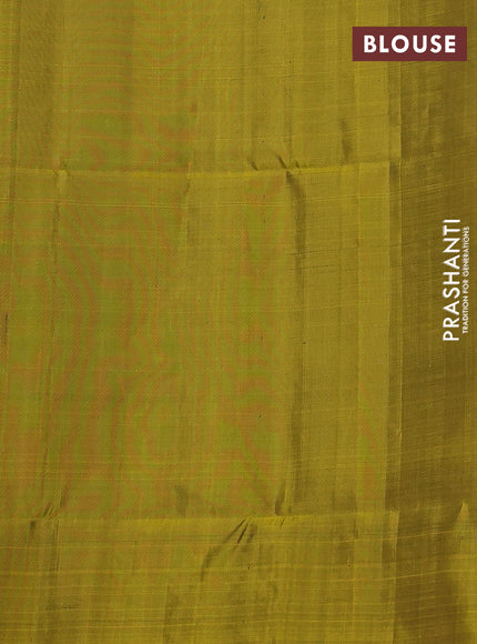 Kanchipuram soft silk saree purple and mustard yellow with allover silver zari weaves and long zari woven annam butta border