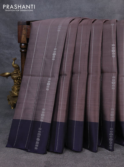 Kanchipuram soft silk saree grey and navy blue with allover silver zari weaves and long zari woven annam butta border