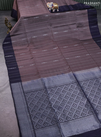 Kanchipuram soft silk saree grey and navy blue with allover silver zari weaves and long zari woven annam butta border