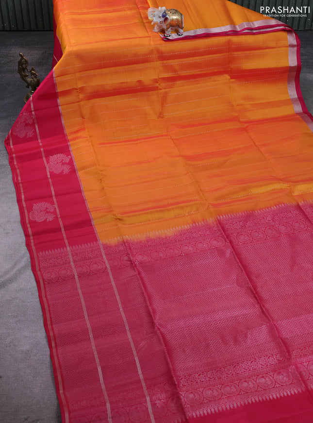 Kanchipuram soft silk saree mango yellow and pink with allover silver zari weaves and long zari woven annam butta border