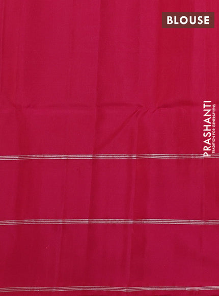 Kanchipuram soft silk saree mango yellow and pink with allover silver zari weaves and long zari woven annam butta border