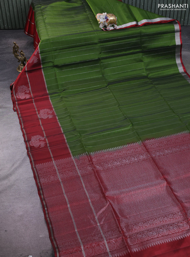 Kanchipuram soft silk saree green and maroon with allover silver zari weaves and long zari woven annam butta border