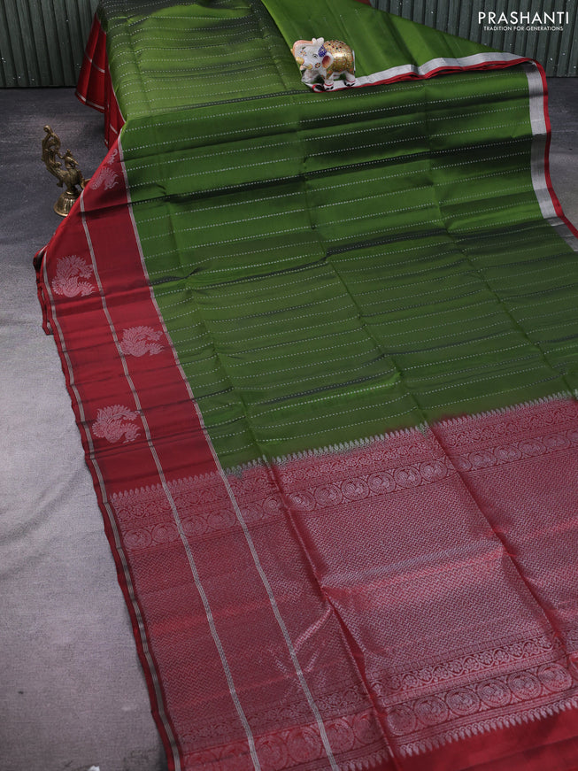 Kanchipuram soft silk saree green and maroon with allover silver zari weaves and long zari woven annam butta border