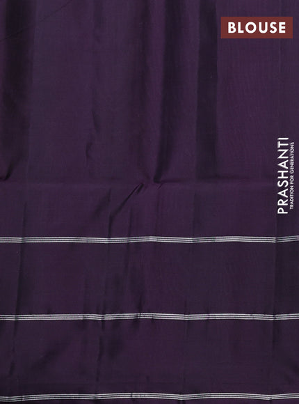 Kanchipuram soft silk saree mehendi green and deep violet with allover silver zari weaves and long zari woven annam butta border