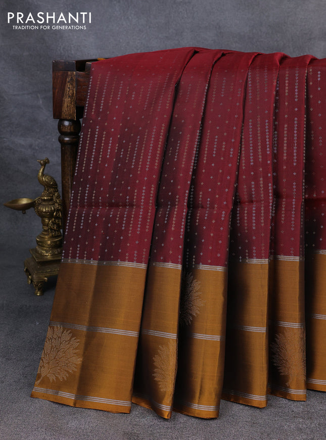 Kanchipuram soft silk saree maroon and dark mustard with allover silver & gold zari weaves and long zari woven border