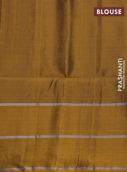 Kanchipuram soft silk saree maroon and dark mustard with allover silver & gold zari weaves and long zari woven border