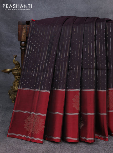 Kanchipuram soft silk saree deep coffee brown and maroon with allover silver & gold zari weaves and long zari woven border