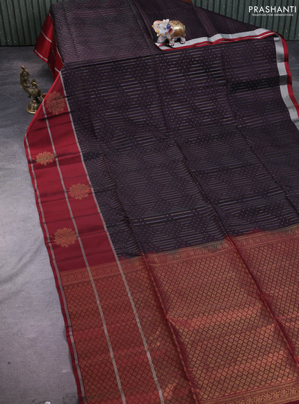 Kanchipuram soft silk saree deep coffee brown and maroon with allover silver & gold zari weaves and long zari woven border