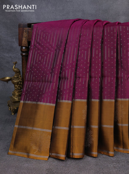 Kanchipuram soft silk saree purple and dark mustard with allover silver & gold zari weaves and long zari woven border